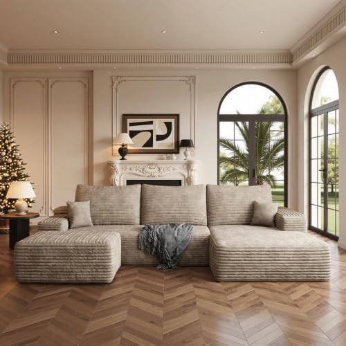 Image of Boneless Couch, Modular Sectional Couches for Living Room, U-Shaped Cloud Couch Sofa with Deep Seat, Fluffy Corduroy Upholstered Corner Sofa