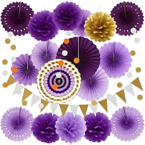 Image of XIKSXITN 12 pc Purple Gold Paper Pom Poms - Hanging Paper Flowers for Party Decoration (10&12 inch)