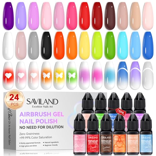 Saviland 24 Farben Airbrush Gel Nagellack: Verwendung mit Airbrush für Farbverläufe,Rouge Nägel, geschichtete Nagelkunst ohne Verdünnung, Airbrush Farbset für Zuhause, Heimwerker, Salon und Party