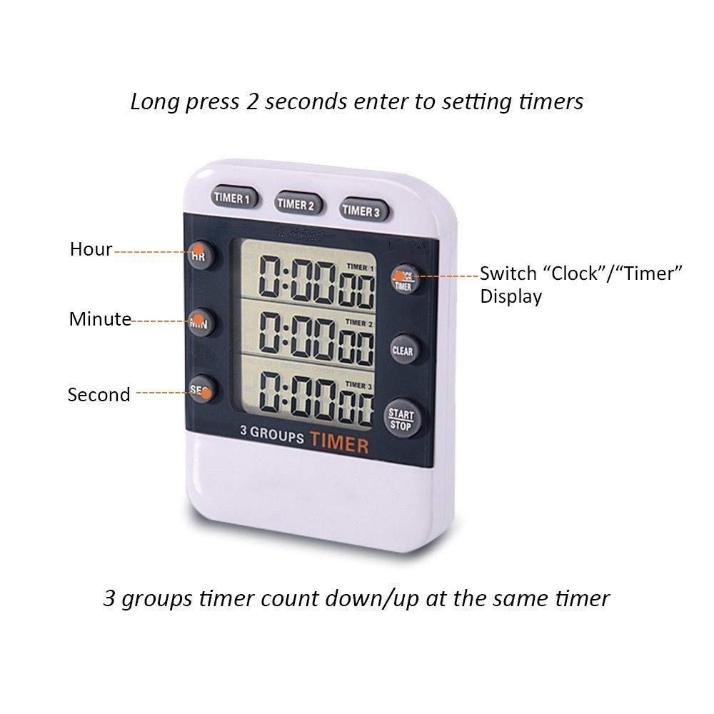 Termómetros de Horno, Reloj Temporizador Digital de Cocina, Temporizador de Bolsillo con Cuenta Regresiva simultánea de 3 Canales, Pantalla LED Grande y Alarma Sonora.