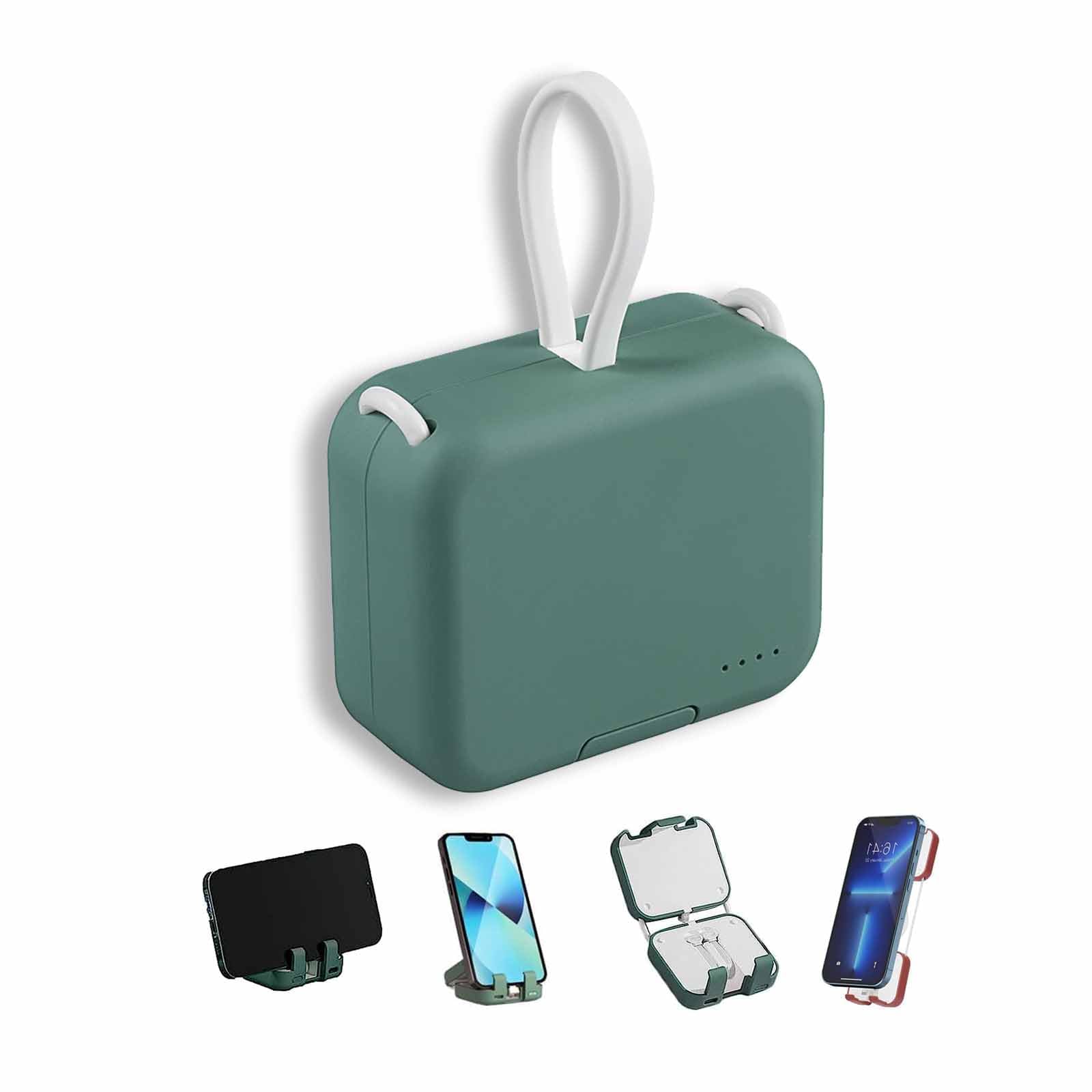 Mini Banco De Energía Y Soporte para Teléfono, Mini Banco De Energía De 4000 Mah con Cable Doble Integrado, Bonito Banco De Energía con Cable Integrado,Verde