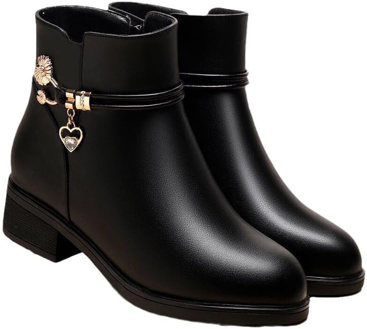 Women's Embellished Ankle Boots, Comfort Low Block Heel Leather Boots – Scratch-Proof Leather for Year-Round Wear