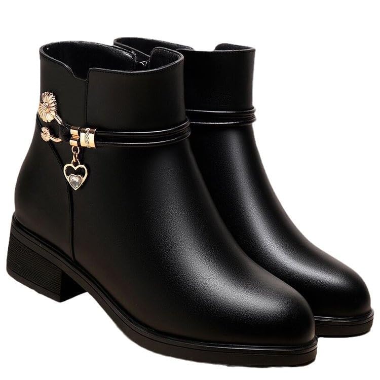 Womens Embellished Ankle Boots Comfort Low Block Heel Leather Boots Scratch-Proof Leather for Year-Round Wear
