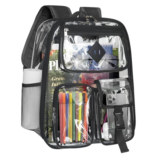 RSUARSUA Clear Backpack Heavy Duty Large PVC Transparent See Through Backpacks Work Travel Stadium Approved Festival Backpack (Black)