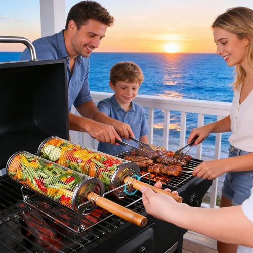 Cesta giratoria para parrilla de acero inoxidable y mango de madera para barbacoa 3