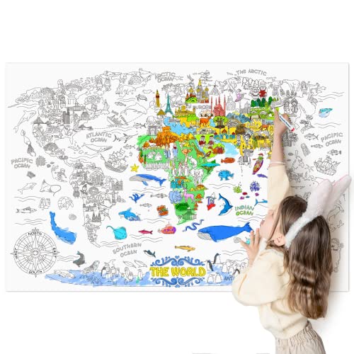 Jar Melo Giant Coloring Poster for Kids; World Map Jumbo Wall Coloring Poster, 45.3 x 31.5 Inches, Large Tablecloth Birthday Gifts for Class School Home Decorations