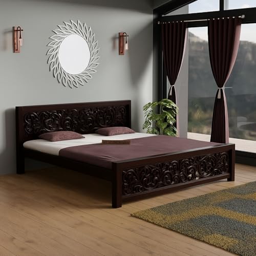 Image of Sheesham Wood Bed Without Storage Solid Wooden Cot Bed Elegant and Functional Bedroom Living Room Home (Walnut AB, King)