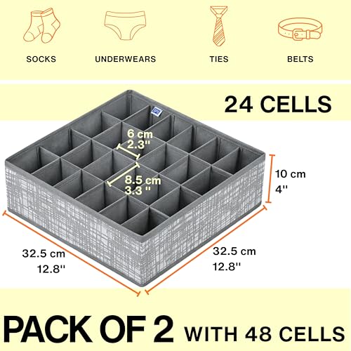 Image of Skrill 24-Compartment - Set of 2 | Non-Woven Foldable Cloth Storage Box Set Underwear, Socks, Ties, Scarves, Bras, Drawer Organization | Space Saving Divider Organizer Closet Storage | Crosshatch Grey