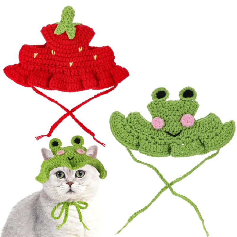 2 Pcs Frog and Strawberry Cat Hat, Soft Cute Knitted Hats for Cats, Halloween Christmas Holiday Clothes Birthday Party Puppy Hat for Small Pets