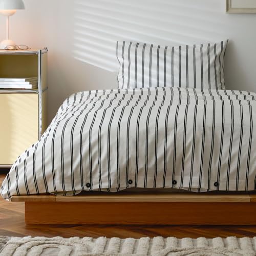 NERUS 正規品 布団カバー+枕カバー ストライプ 綿100% 掛け布団カバー 綿100 掛布団カバー 韓国 おしゃれ Luft ルフト コットン (Wストライプ, クイーン)