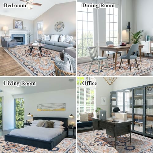 U'Artlines Boho Vintage Area Rug 8x10 Machine Washable Low Pile Soft Floor Carpet Non Slip Non Shedding Accent Rug for Living Room Bedroom Entryway Dining Room Office Orange Blue — view 5