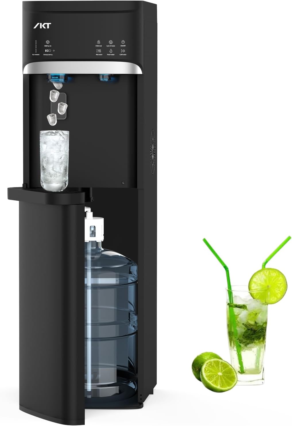 IKT Self-Cleaning Water Cooler Dispenser Built-in Ice Maker Bottom Load for 3-5 Gallon Bottle 3 Temperature with Child Safety Lock and Removable Drip Tray 22lbs Within 24hrs Black
