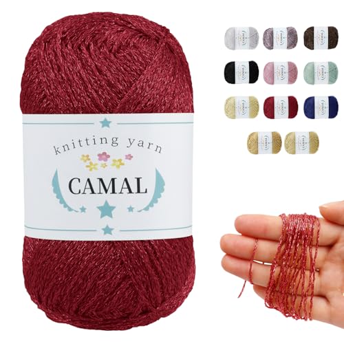 CAMAL Hilo Metalizado para Crochet, 1mm x 300m Hilo De Lujo Crochet Bolsa, Brillo Metalizado Poliéster Yarn para Bordados, Muñecas, Proyectos Brillantes DIY (Rojo vino)