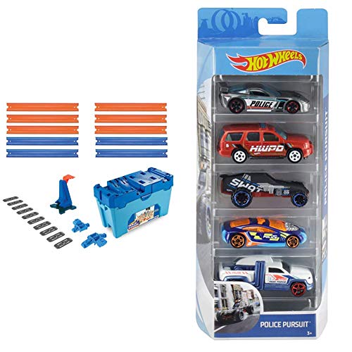 Hot Wheels Track Builder, Caja Multiloopings, Accesorios para Pistas, 6 10 aos (FLK90) + Pack de 5 Vehculos, Coches de Juguete (Modelos Surtidos) (1806)
