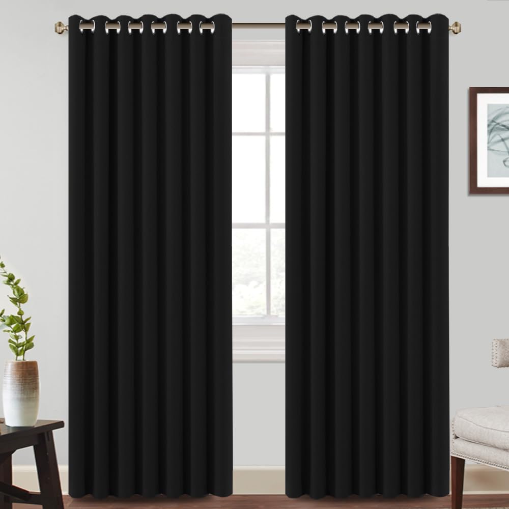 BellaHills 100% Blackout Curtains for Bedroom Thermal Insulated Blackout Curtains Heat and Full Light Blocking Eyelet Curtains for Living Room with Black Liner 2 Panels
