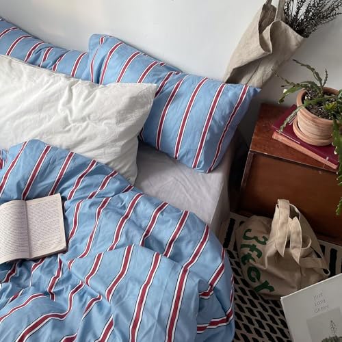 Image of MKXI King Blue & Red Vertical Stripe Duvet Cover Set 3-Piece - 100% Cotton Textured Bedding with Zipper Closure & Corner Ties, Modern Coastal Vintage Aesthetic Comforter Cover