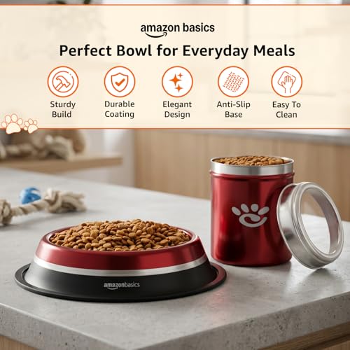 Image of Amazon Basics Stainless Steel Pet Feeding Bowls for Dog & Cats | Anti Slip Base | 2 Pcs Set | Canister & Dog Bowl in Double tonned | Canister 1000 ml & Dog Bowl 900 ml