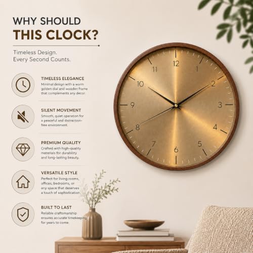 Image of ginoya brothers 12-Inch Round Wall Clock, Silent Non-Ticking Quartz Sweep Movement, Easy-to-Read Easy-to-Read Analog Display Living, Office & Home Decor (Gold)