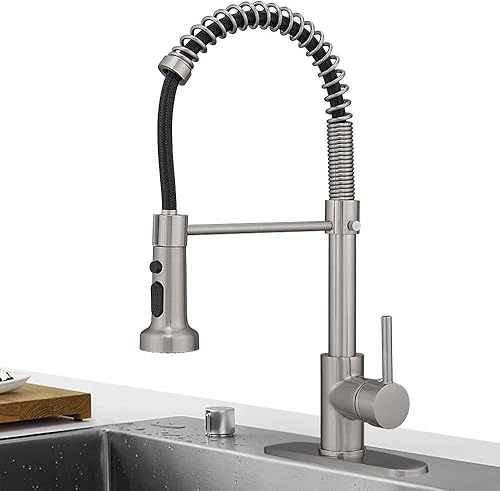 Hoimpro - Grifo de cocina con resorte de arco alto níquel cepillado y pulverizador extraíble, grifo de fregadero de cocina con rociador extraíble
