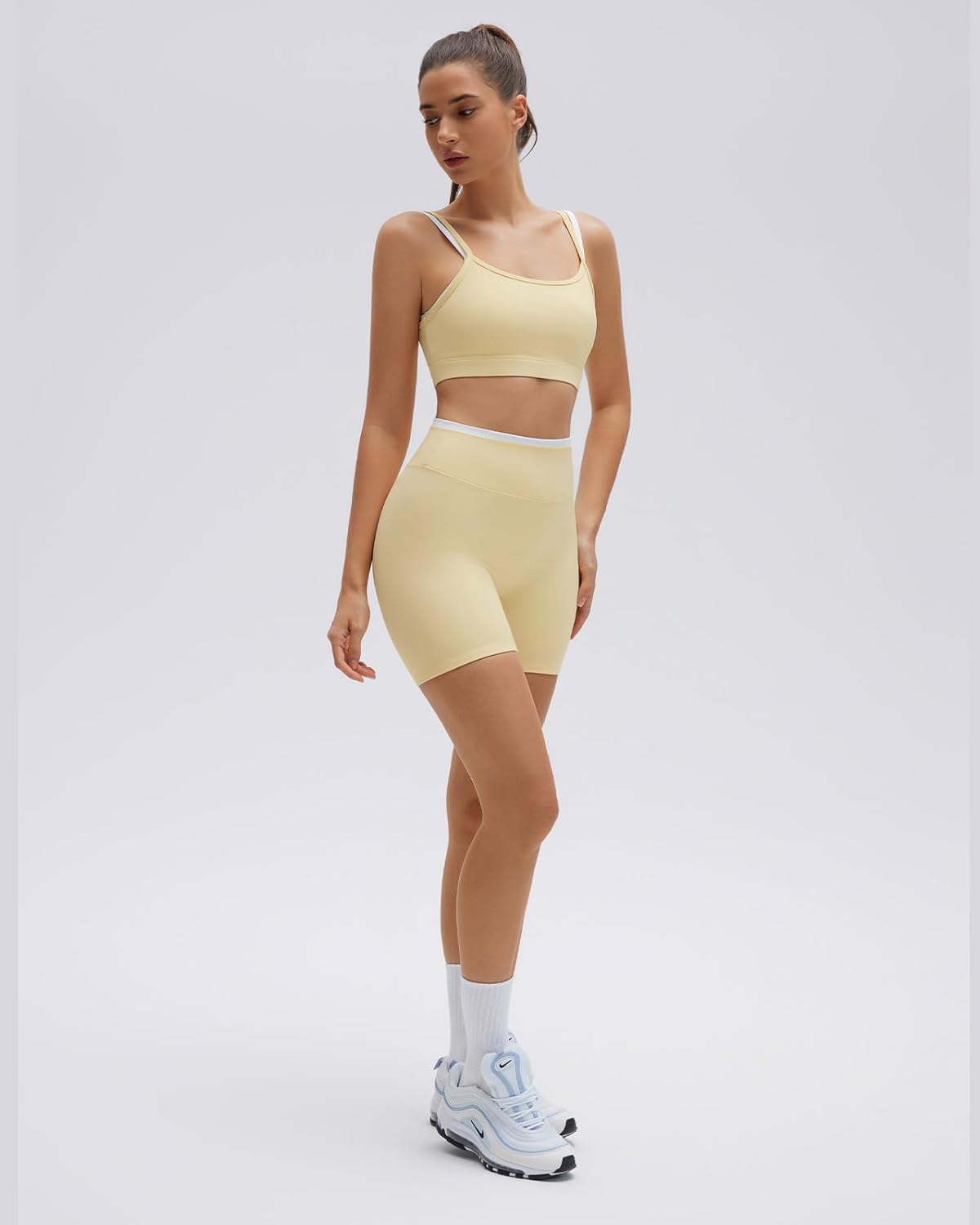 SUUKSESS Women 2 Pieces Workout Sets Padded Spaghetti Straps Camis High Waist Biker Shorts - Image 2