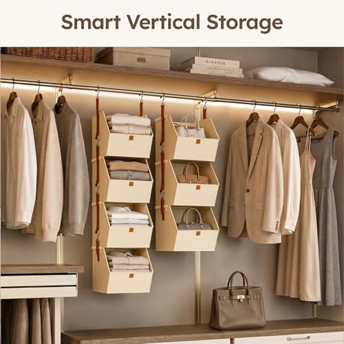 Image of Homsorout Hanging Closet Organizer 4 Tier - Clothes Hanging Shelves, Space-Saving Closet System, Fabric Storage Bins Bedroom Organization, Collapsible Baskets for Home, Dorm, Rv, Beige