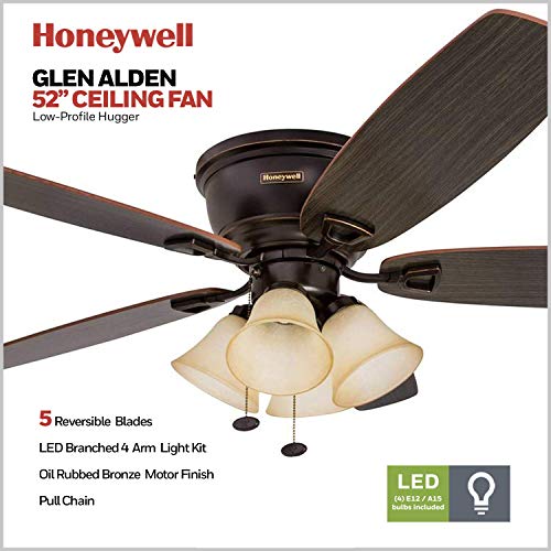 Honeywell Ceiling Fans Glen Alden, 52 Inch Classic Flush Mount Indoor Led Ceiling Fan With Light, Pull Chain, Quick-2-Hang Dual Finish Blades, Reversible Motor - 50183 (Oil Rubbed Bronze) #TOP1