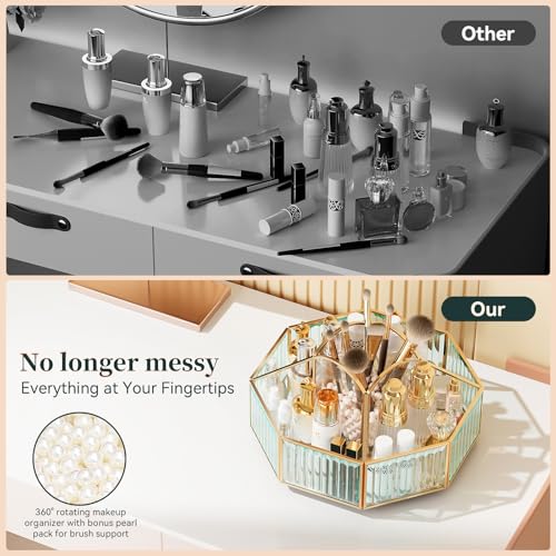 Image of CoralHouse 360 Rotating Makeup Organizer Spinning Vanity Organizer with Makeup Brush Holder for Countertop, Bathroom Storage, Skincare, Perfume & Cosmetic Organizer for Vanity