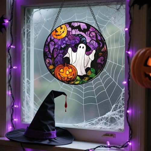 Image of Stained Glass Window Hanging Halloween White Ghost Black Bat 6.3 inch - Suncatcher Door Garden Sunroom Horror Pumpkin Sun Catcher Birthday for Friend Mom Men Woman Nana