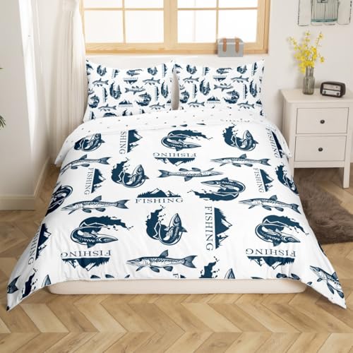 Castle Fairy Fishing Duvet Cover Set Twin Size,Navy Blue Fish Animal Print Reversible Comforter Cover (Not Comforter),Lake Life Hunt Lodge Decor White Polyester Bedding Set Bedroom Decor, 2 Pcs