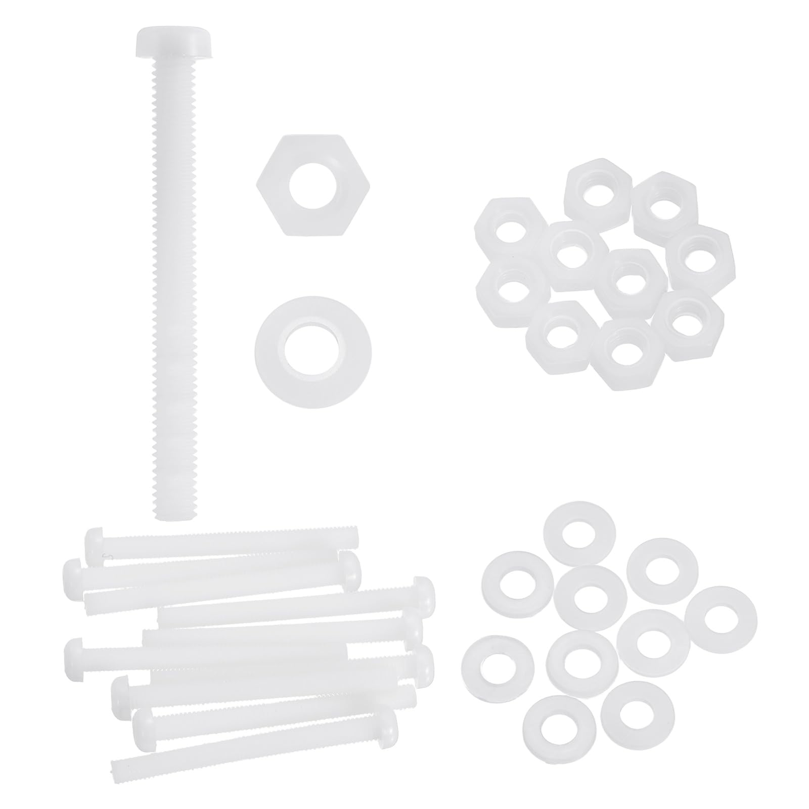 sourcing map 10 Set M6x60mm Nylon PA66 Plastic Cross Round Head Screw Phillips Bolts Hex Nuts Flat Washers Assortment Kit, Metric Full Thread Bolt Fasteners for DIY Machine Assembly, White