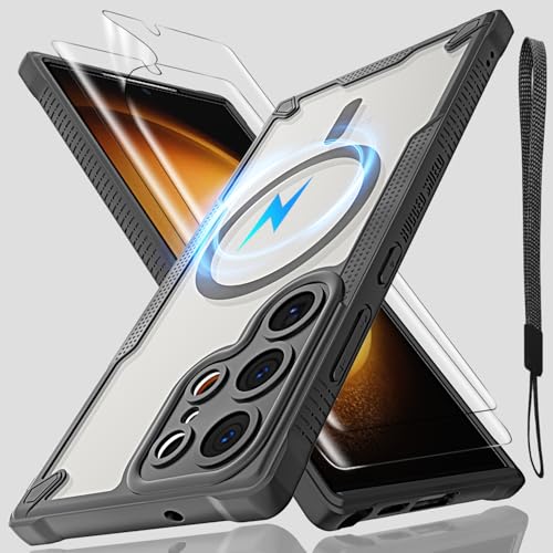 for Samsung Galaxy S23 Ultra Case, Translucent Matte Back with Magsafe Magnetic Slim Shockproof Protective Case and Lanyard Strap/2*Flexible TPU Film Phone Cover 6.8-inch-Black