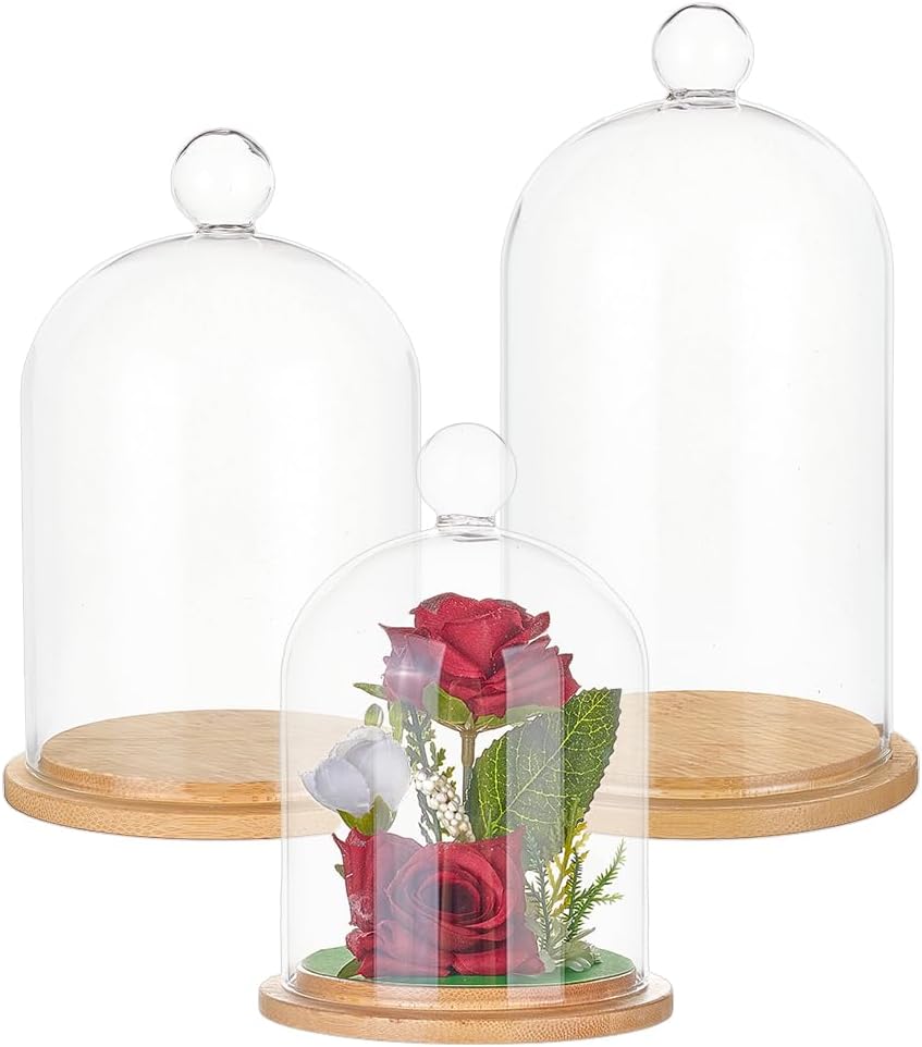 BENECREAT 3 Styles Glass Bell Shape Dome, Glass Cloche Display Dome Cloche Bell Jar Terrarium with Bamboo Base for Home Party Wedding Decor
