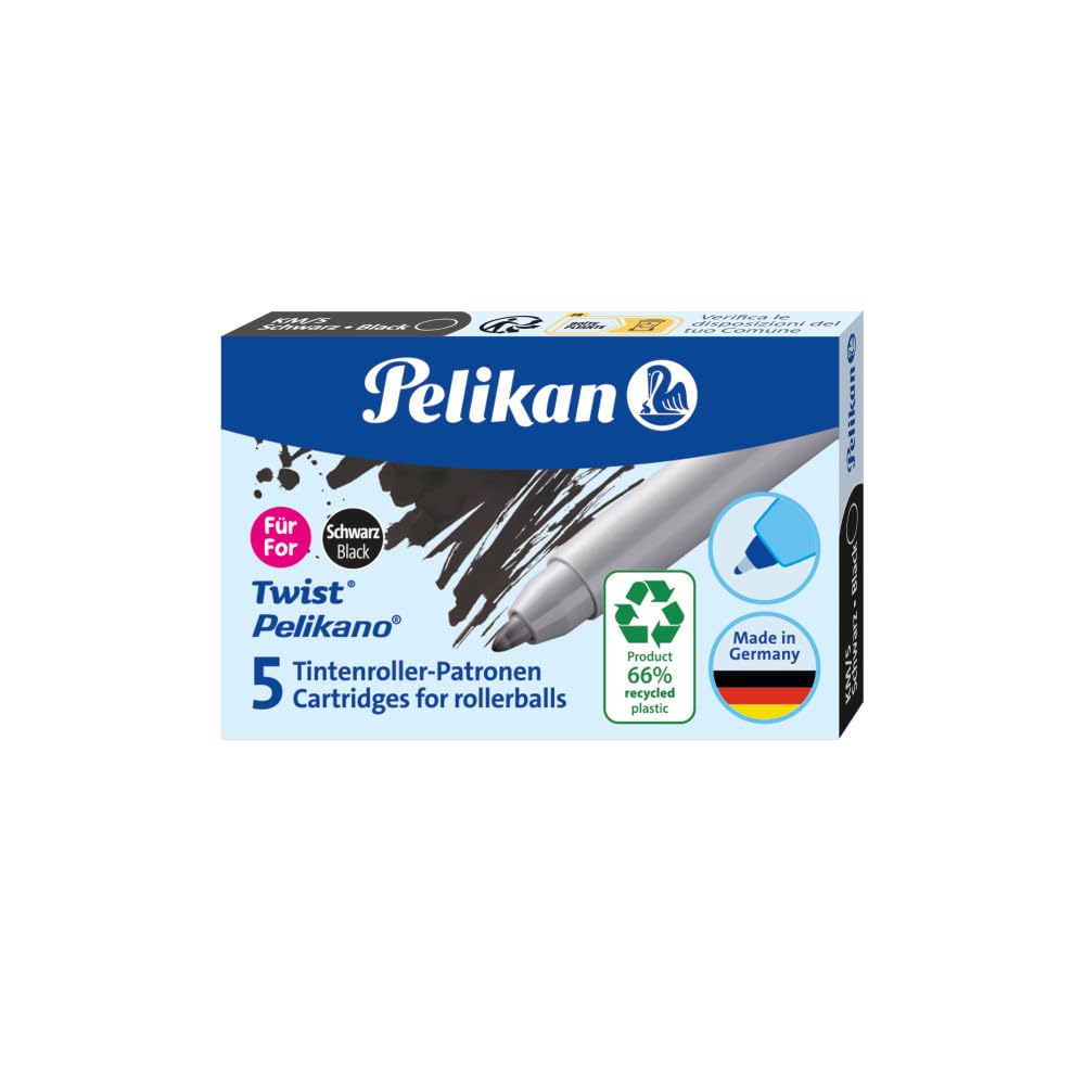Pelikan Ink Cartridges for Twist Pelikano Ballpoint Pen | Set of 5 Pieces | Ink Inkjet Replacement | Intensive Clear Color | Calligraphy Hand Writing for School Work Office | Black