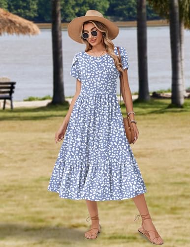 Image of Zeagoo Women Summer Midi A Line Dress Short Sleeve Casual Flowy Tiered Beach Long Sundress with Pockets 2026 Vacation Travel