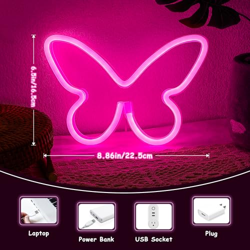 Image of Butterfly Neon Signs LED Light 3-AA Battery Powered, USB Operated Wall Neon Light Decor Butterfly Neon Wall Art for Bedroom Wedding Birthday Party Home Decor (Pink)