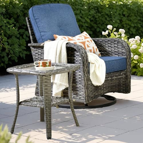 ovios Outdoor Side Table with Tempered Glass Top, Patio Wicker Rattan 2-Tier Storage Coffee End Tables for Porch Deck Balcony Garden Poolside (Grey-Small Size)