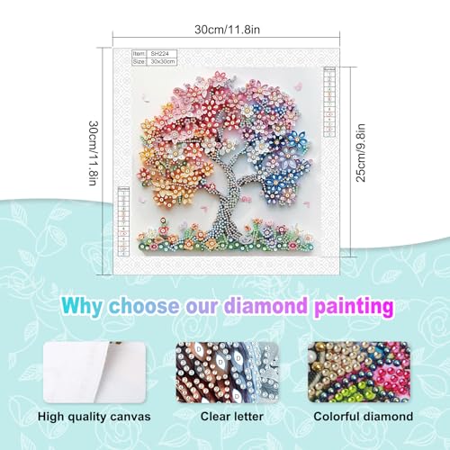 Image of AiYuanzsh Special Shape Diamond Art Kits for Adults, Blossom Tree 5D Crystal Diamond Art Rhinestone Canvas DIY Wall Decor, Sparkling Floral Diamond Painting for Beginners, 11.8 x 11.8 inch