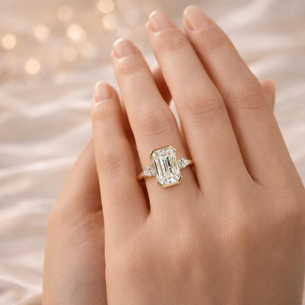 Emerald Cut Moissanite Ring 18K Yellow Gold Three Stone Engagement Ring Bezel Set Minimalist Ring Handmade Fine Jewelry Gift for Her - Image 2