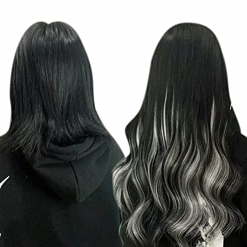 Image of LaaVoo Clip in Hair Extensions Real Human Hair Ombre Natural Black to Silver Grey with Black Remy Human Hair Extensions Clip ins Balayage Clip in Hair Extensions Long Straight 20 Inch 7Pcs 120g