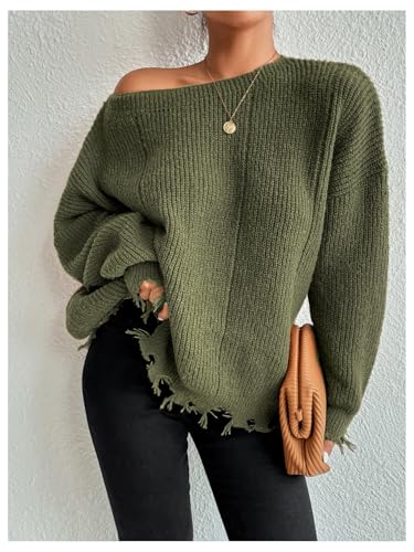 SHENHE Women's Oversized Distressed Sweater Boat Neck Long Sleeve Knit Sweater Pullover Top3