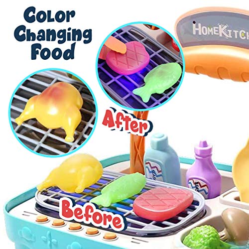 Cheffun Play Kitchen Set toys for Kids - Educational Pretend Play Camping Picnic BBQ Sink Toy Cooking Grill Basket with Musical Light Color Changing Food for Toddlers Age 3 4 5 6 7 Year Old Girls Boys