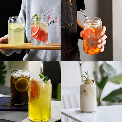 Drinking Glasses With Glass Straw 4Pcs Set - 16Oz Can Shaped Glass Cups, Iced Coffee Glasses, Beer Glasses, Cute Reusable Bottle, Ideal For Whiskey, Cocktail, Tea, Water, Gift - 2 Cleaning Brushes #TOP2