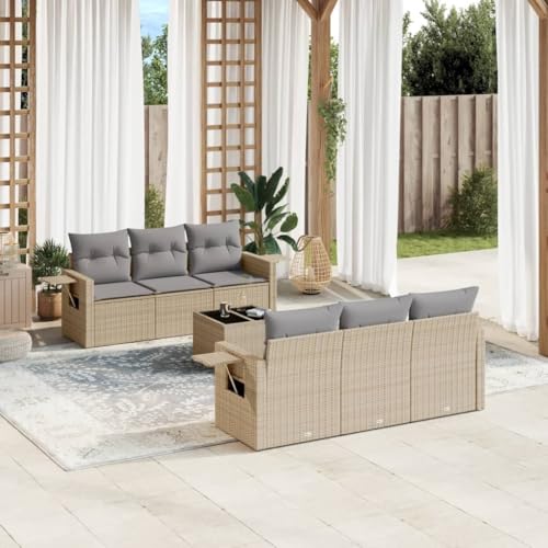 QJBSAVVA 7-teiliges Gartensofa Set Beige Polyrattan Balkonmöbel mit...