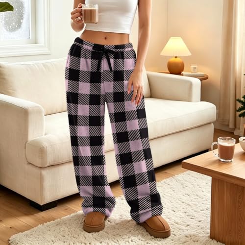 Wide Leg Pajama Pants for Women Comfort Checkered Flannel Fuzzy Pants | Lightweight, Fuzzy, Checkered, Low Waisted, Comfortable, Warm, Pajamas Bottom, Routine, Weeekend, Casual, Fall Outfits - image 3