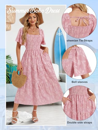Image of Women's Summer Dresses 2025 Casual Maxi Dresses Boho Floral Short Sleeves Square Neck Beach Vacation with Pockets