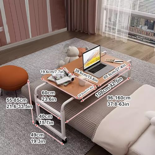 Extendable Rolling Mobility Table Over Bed,Overbed Table with Wheels, Over Bed Desk, Mobile Computer Desk, Adjustable Overbed Table, Tiltable Tabletop, for Home Bedroom Office Hosp
