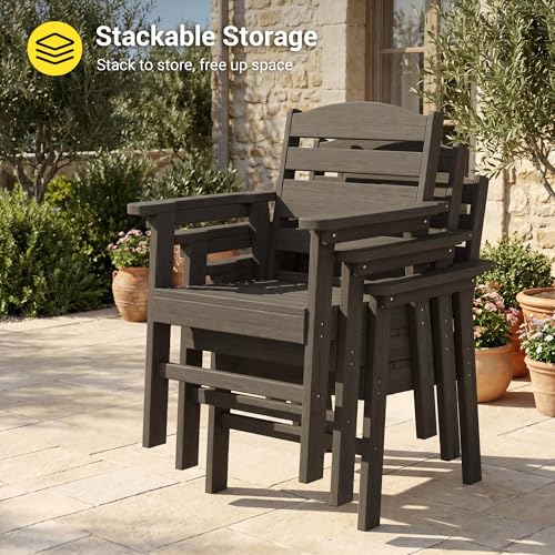 Image of HDPE Outdoor Dining Chairs Set of 2 | Weather Resistant Patio Stackable Chairs for Garden, Backyard, Lawn and Poolside, Brown