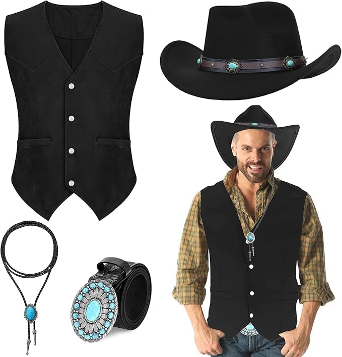 HFZCV 4 Pcs 4Pcs Cowboy Outfits for Men Western,Cowboy Costume Suede Leather Vest Hat Necktie Buckle Belt for Halloween (M)