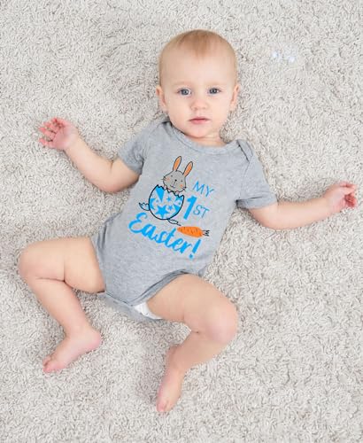 RAISEVERN Unisex Baby Boys Girls Clothes My 1st Easter Cute Novelty Funny Infant 1 Piece Baby Bodysuit Short Sleeve Romper Newborn Infant Cotton Grey Jumpsuit - Thumbnail 3