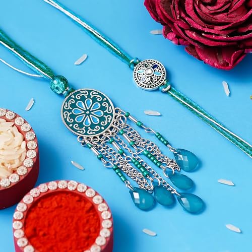 Image of eCraftIndia Floral Designer Bhaiya Bhabhi Rakhi Set with Best Bro Ever Fridge Magnet | Roli Chawal Pack | Rakhi for Brother Bhaiya Bhai | Lumba Rakhi for Bhabhi, Sister